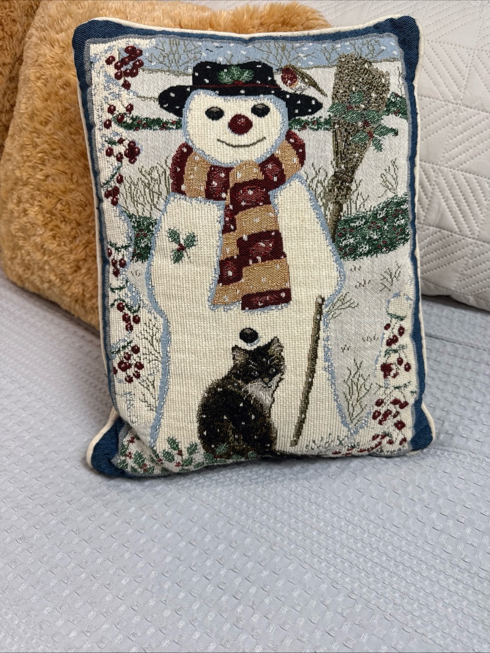 Anne Mortimer Snowman & Kitty Christmas Tapestry Decorative Throw Pillow